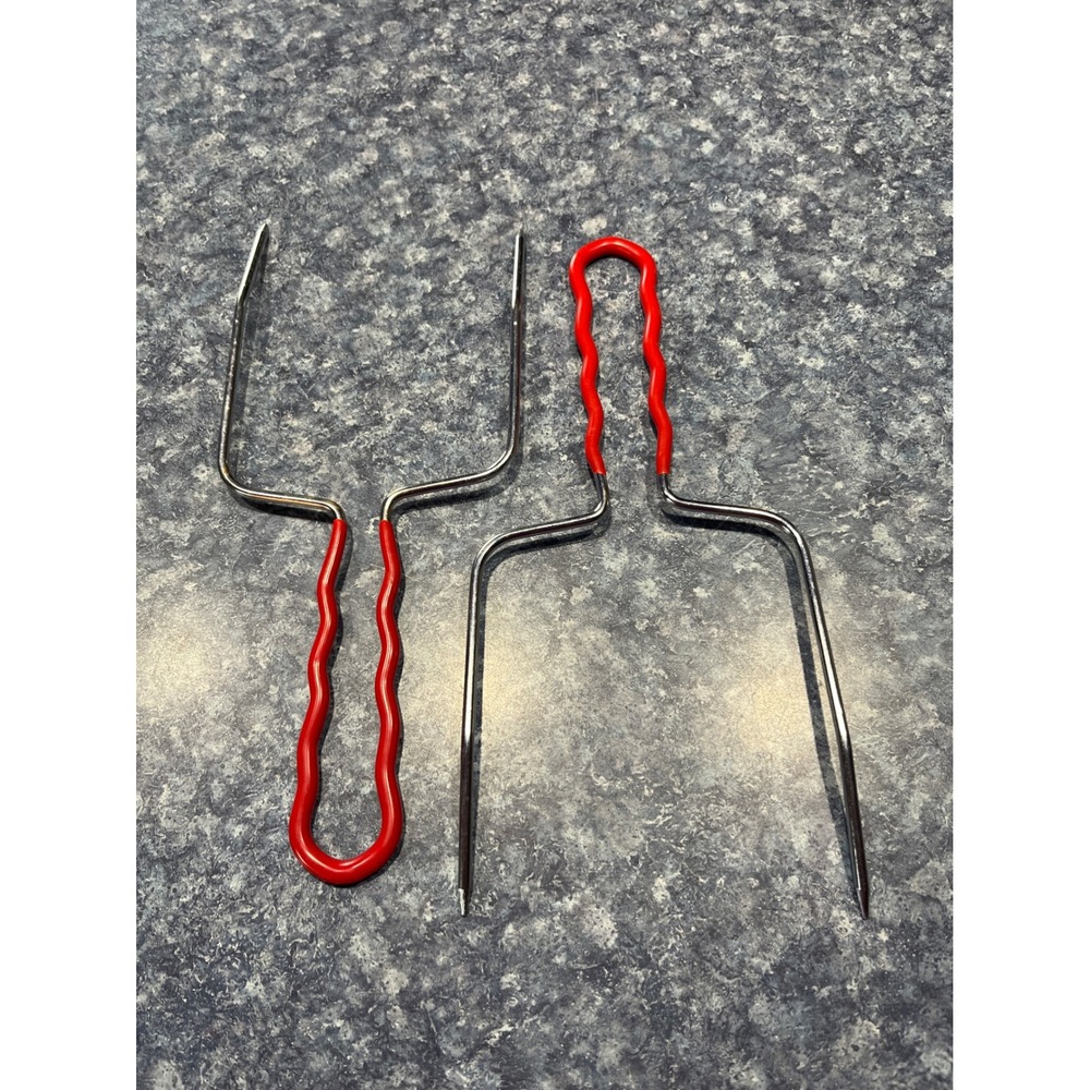 Vintage Red Handle Turkey Lifters Poultry Forks Meat Roasting Tools Set of 2